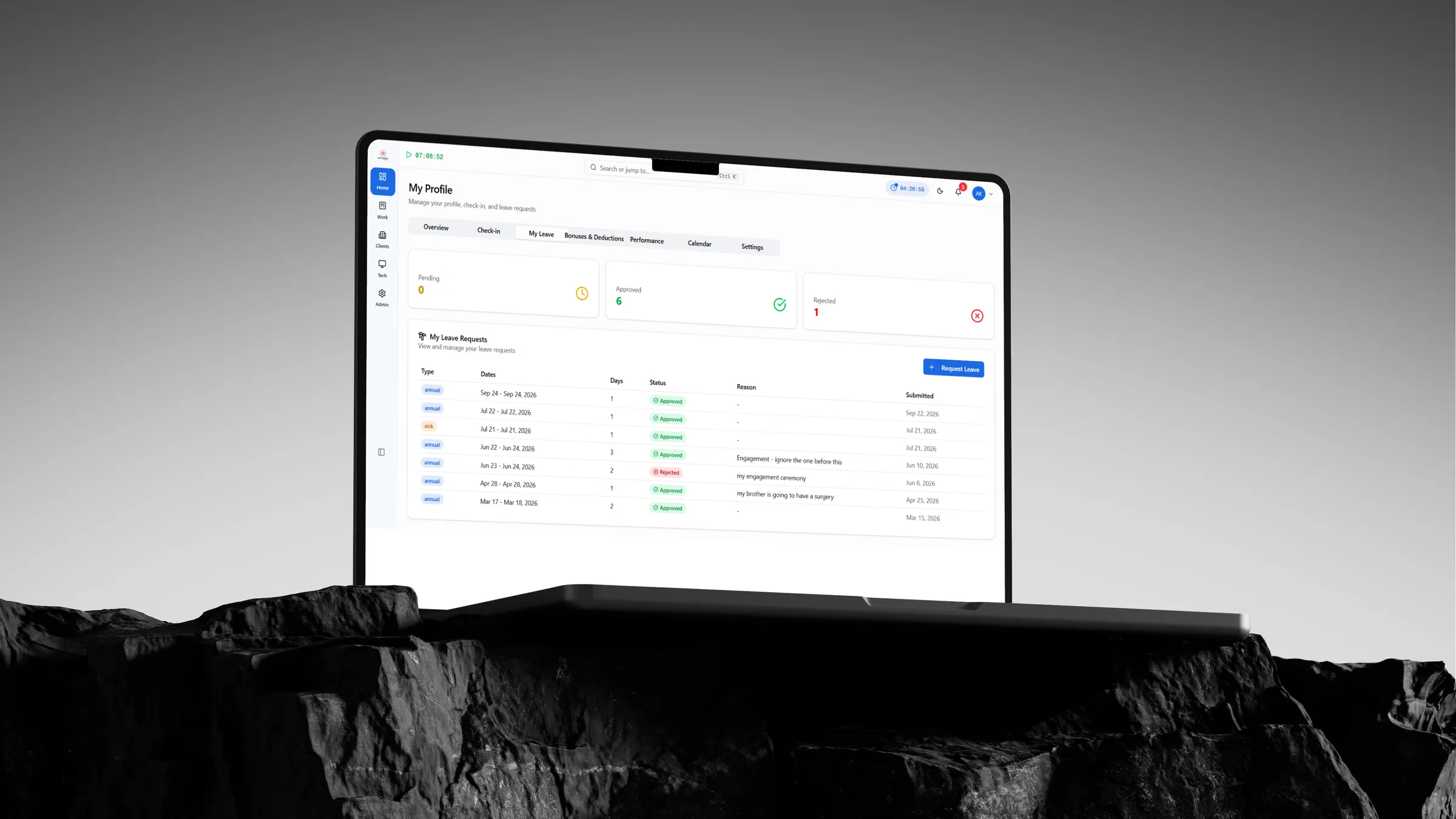 CloudQuila — Leave management screen