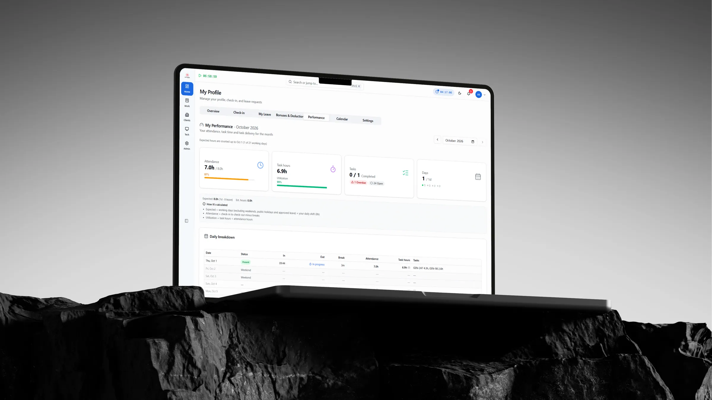 CloudQuila — Time tracking screen